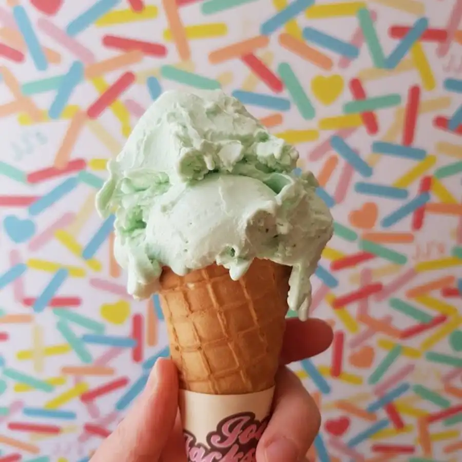 Mint choc chip scoop in a cone